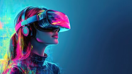 Fototapeta premium A girl wearing a vibrant-colored VR headset with plenty of space for text.