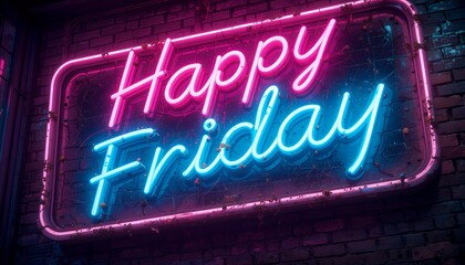 Happy Friday Glowing Neon Sign on Brick Wall