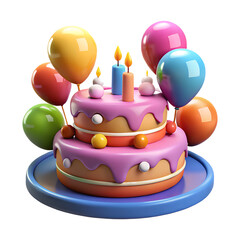 Festive Two Tiered Birthday Cake with Colorful Balloons A Delightful 3D Render