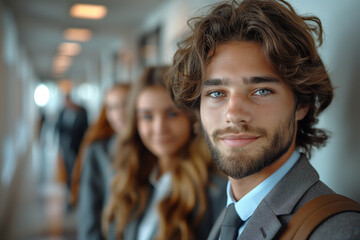 A man with a beard and a blue shirt is standing in a hallway with other people