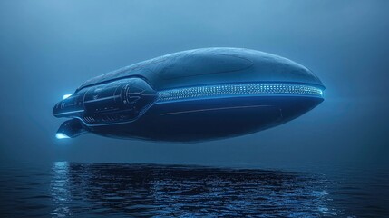 Fototapeta premium A futuristic airship gracefully floats above a tranquil body of water