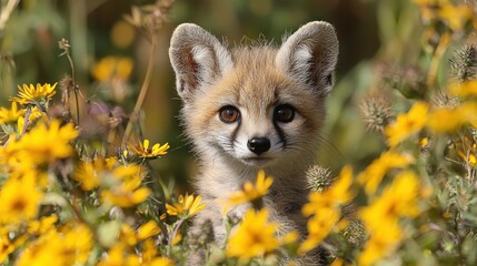 Adorable Swift Fox Kit Amidst Blooming Yellow Flowers