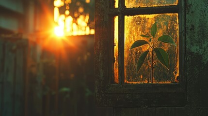 Fototapeta premium Sunlight illuminates the growing plant framed by a wooden window