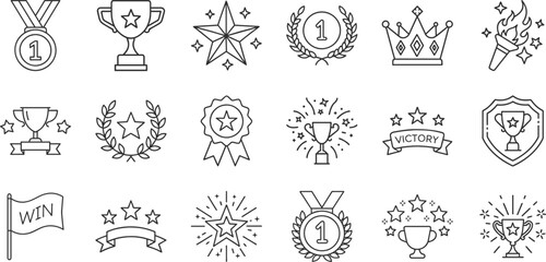 Award and achievement line icon set. Vector pictograms of trophies, medals, and victory symbols, medals, laurel wreaths, stars, banners thin linear illustration.