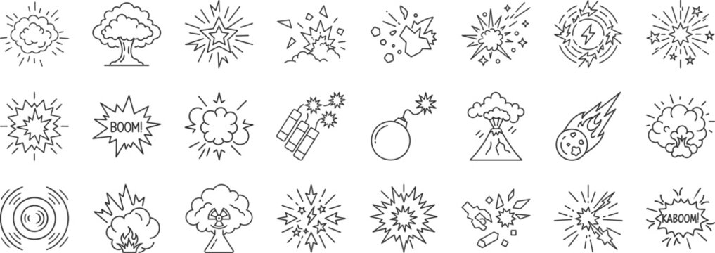 Explosion, detonation line icon set. Vector pictograms of blast, impact, explosive forces, bomb, dynamite, mushroom cloud, shockwave thin linear illustration.