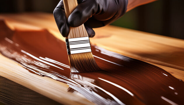 Una mano con guante y una brocha pintando o barnizando una tabla para protecci&oacute;n de la madera