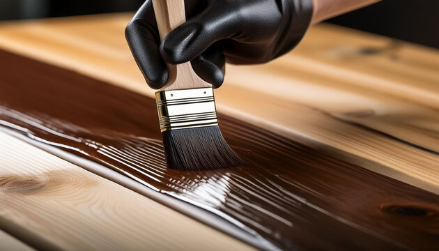 Una mano con guante y una brocha pintando o barnizando una tabla para protecci&oacute;n de la madera