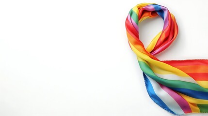 Fototapeta premium A thin cotton scarf in rainbow stripes, styled as a chic necktie, against a crisp white background.