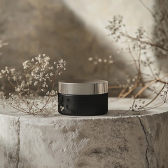 Black Cosmetic Jar with Silver Lid on Stone Surface