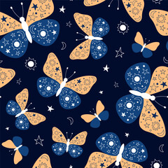 Abstract butterflies seamless vector pattern. Moths with doodle ornament on wings, sun, moon, stars. Illustrated whimsical insects on dark blue background