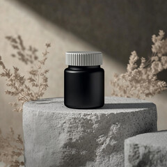 Dark Cosmetic Jar with Silver Cap on Stone Background