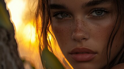 Beautiful woman poses with sunlight illuminating her face with freckles