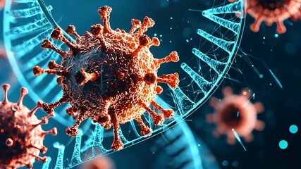 Close-up view of COVID-19 virus particles interacting with DNA strands in a scientific background - Powered by Adobe