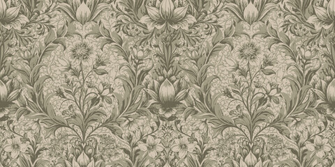 Fototapeta premium Elegant floral wallpaper pattern in soft green and cream tones.