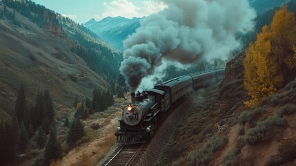 Fototapeta premium A vintage steam train chugs through a mountain valley, spewing smoke.