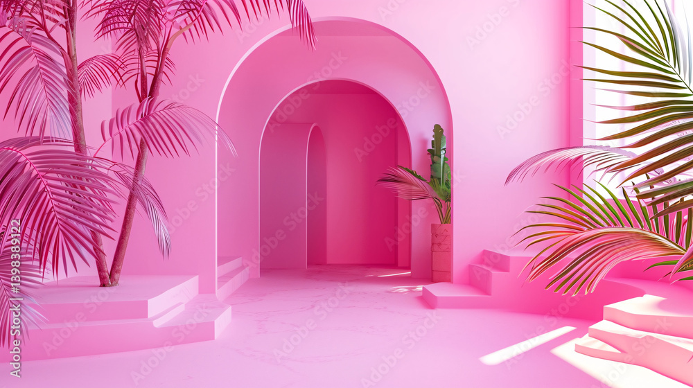 Poster Pink background stage podium display, creating a vibrant and elegant setting for presentations and events.

