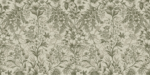Obraz premium Beautiful botanical floral pattern in muted greens and creams.
