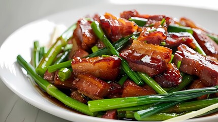 Close up a plate of Chinese-style braised meat with asparagus, featuring slices of bacon and lots of red oil on top, Generative AI illustrations. 