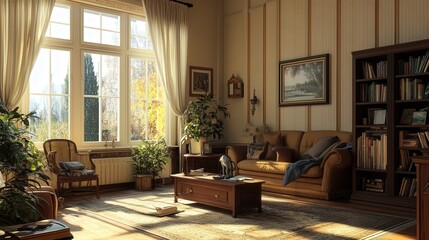 A beautifully decorated living room with large window and furnishings
