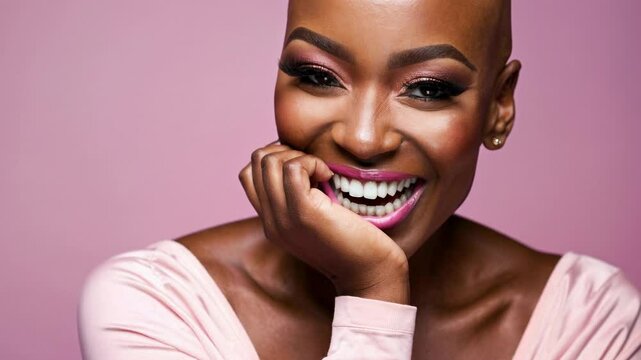A vibrant portrait of a smiling person against a pink backdrop, captured from a front-facing angle, perfect for a joyful video thumbnail.