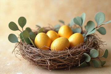 Obraz premium Yellow Easter eggs in a twig bowl, natural rustic decor for spring celebration