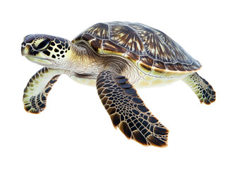 Graceful green sea turtle swimming in ocean marine life documentary underwater. Isolated on transparent background, png.