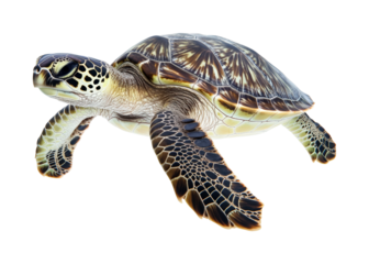 Graceful green sea turtle swimming in ocean marine life documentary underwater. Isolated on transparent background, png.