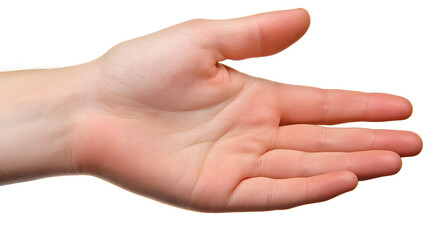 Close-up of a person's open palm, fingers slightly spread, showcasing detailed skin texture against a white background.  The hand appears healthy and clean.