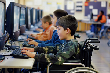Group of disabled school students in wheelchair Happy young handicapped children in a computer lab. Inclusive learning. Inclusion and diversity in education