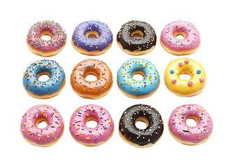 Fototapeta premium Delicious donuts display bakery food bright and colorful top view sweet treats. Isolated on transparent background, png.