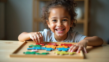 Fototapeta premium Happy child putting together a puzzle. Bright colors, child playing in his room. Close-up.