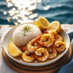 Seafood dish, grilled shrimp, white rice, lemon wedges, herb garnish, wooden plate, sparkling ocean background, golden sunlight reflections, vibrant colors, close-up food photography