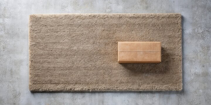 A simple, neutral-toned rug and a modestly sized package rest on a concrete floor.
