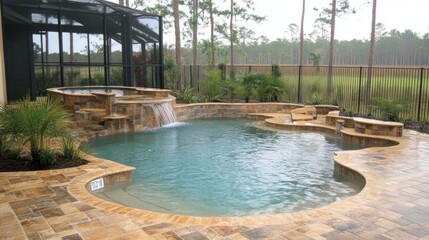 Backyard Pool Oasis Featuring Waterfall and Spa