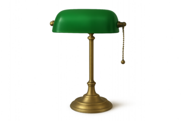 PNG cut out isolated background. Iconic desk lamp featuring a curved green glass shade and antique brass base with a traditional pull chain switch.