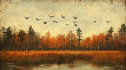 Autumnal birds in flight over a tranquil lake