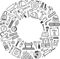 Hand-drawn style construction, labour tools and equipment doodle set