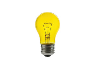 A bright yellow light bulb floating horizontally in mid-air against a solid white background