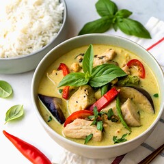 Delicious looking bowl of Thai green curry with rice and fresh basil