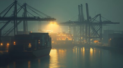 Industrial operations under foggy conditions at port night scene photography urban environment captivating perspective