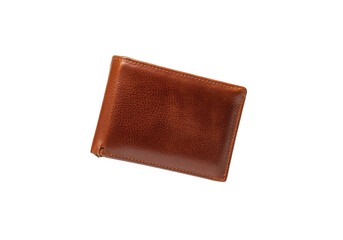 A classic brown leather wallet floating horizontally in mid-air against a solid white background, no shadow.
