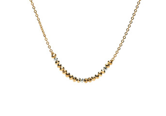 A delicate gold necklace floating horizontally in mid-air against a solid white background