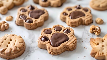 A paw print cookies with chocolate centers, on a white marble countertop, Generative AI illustrations.