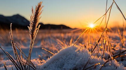 Obraz premium Beautiful sunrise over frosted grass and snow covered ground