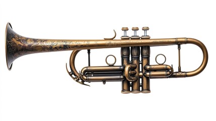 Obraz premium Vintage trumpet showcase musical instrument detailed photography artistic presentation isolated view antique collection
