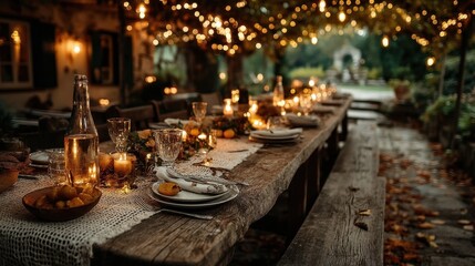 20. Soft-focus image of a table set for dinner under fairy lights, warm and intimate vibe 