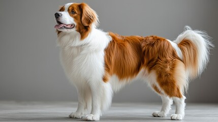 Friendly dog with orange and white fur standing against a gray backdrop