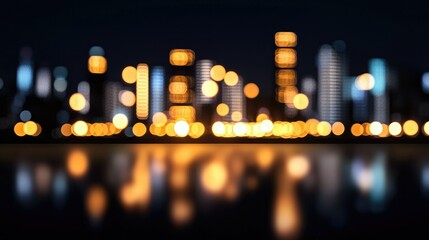 Defocused nighttime city lights reflecting on a tranquil water surface