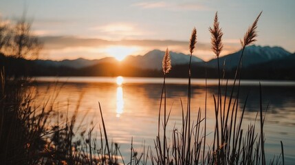 A beautiful sunset over a lake behind tall blades of grass