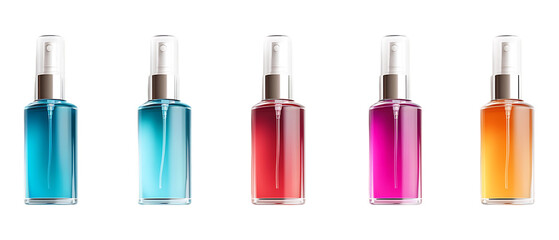 Obraz premium Five colorful glass spray perfume bottles with clear liquid offer cosmetic design options against a plain transparent background for